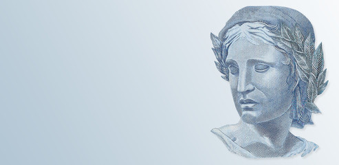 Head of the Republic in colors. Background of Brazilian money note. Economy concept image. Fragment...