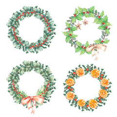 Watercolor hand painted botanical Christmas tree holiday wreath illustration isolated on white background collection