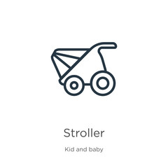 Stroller icon. Thin linear stroller outline icon isolated on white background from kid and baby collection. Line vector stroller sign, symbol for web and mobile