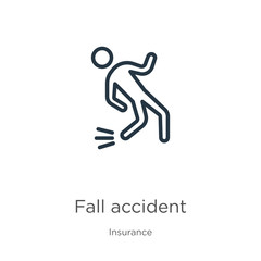 Fall accident icon. Thin linear fall accident outline icon isolated on white background from insurance collection. Line vector fall accident sign, symbol for web and mobile
