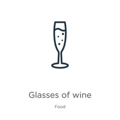 Glasses of wine icon. Thin linear glasses of wine outline icon isolated on white background from food collection. Line vector glasses of wine sign, symbol for web and mobile