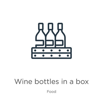 Wine bottles in a box icon. Thin linear wine bottles in a box outline icon isolated on white background from food collection. Line vector wine bottles in a box sign, symbol for web and mobile