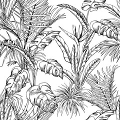 Seamless pattern with tropical palm leaves and branches. Hand drawn vector illustration.