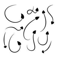 Doodle arrows with heart shaped tip for Valentine's Day thin lines set. Vector hand drawn arrow elements isolated on white.