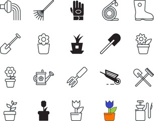 gardening vector icon set such as: toxic, lightbulb, watering-can, global, glove, extinguisher, linear, carry, seedling, worker, alarm, station, scoop, digger, view, burger, gum, livestock, web