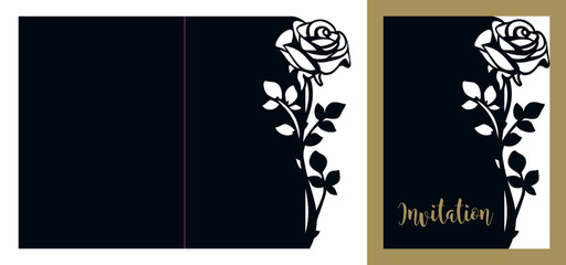Laser cutting template of openwork vector silhouette. Floral wedding invitation with cutout rose. Lace border die cut card at vintage style for Valentine's day.
