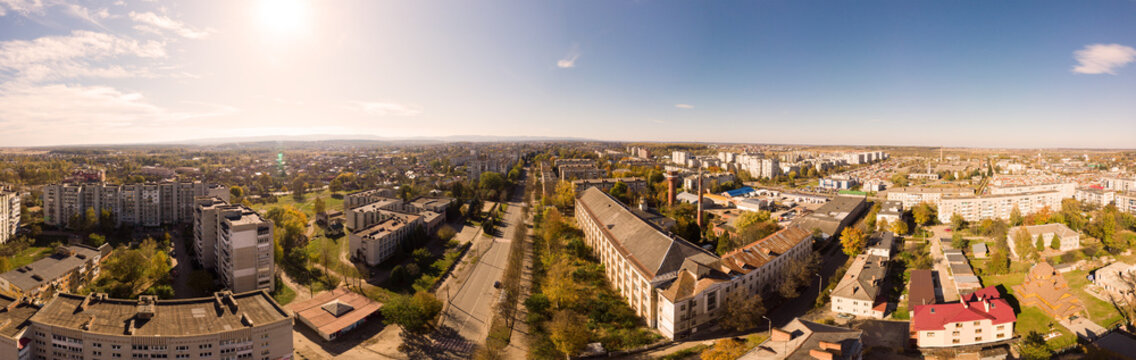 180 degrees landscape of urban area. Aerial drone view cityscape. Older European town Drohobych, Ukraine