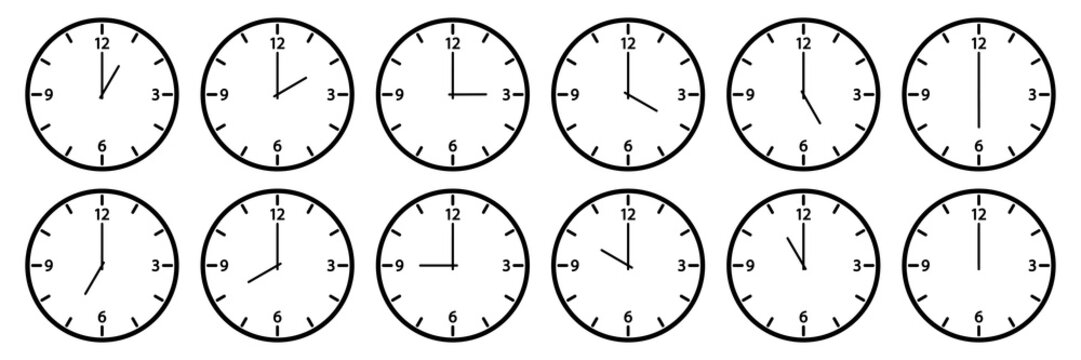 Clock set. Different times. Outline design. Vector illustration