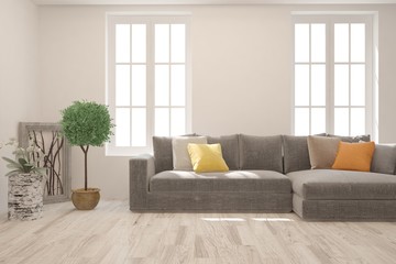 Stylish room in white color with sofa. Scandinavian interior design. 3D illustration