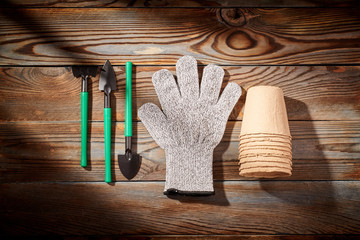 Gardening tools on wooden background flat lay top view
