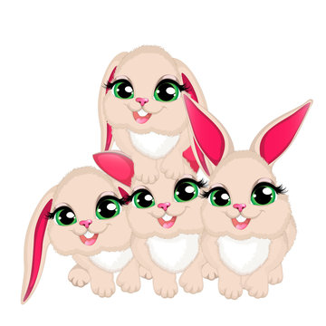 Gorgeous little white fluffy rabbits .Cute cartoon vector characters.EPS10.Vector Illustration.