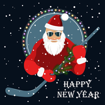 Vector image of Santa Claus with a hockey stick decorated with fir branches and light bulbs. Image on a blue background.