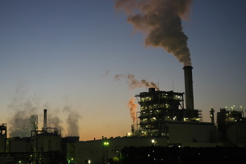 Tokyo,Japan-December 1, 2019: Night view of oil refineries viewed from a boat in Kawasaki just after the sunset  