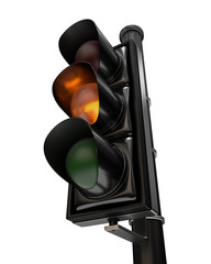 Close-up on a traffic light, the orange light is on, isolated on white background