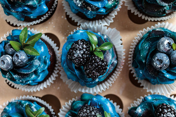 a set of beautiful mouth-watering cupcakes with blue cream and blueberries and blackberries, cakes handmade desserts, close-up top view