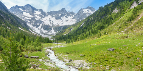 Landschaftspanorama einer Almlandschaft mit Wildbach und Gletscher im Zillertal in Tirol