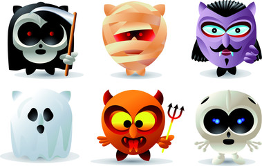 Avatars in Halloween costumes with scary expressions and emotions. All characters are isolated on white. Full vector illustration.