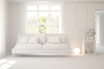 Mock up of stylish room in white color with sofa and green landscape in window. Scandinavian interior design. 3D illustration