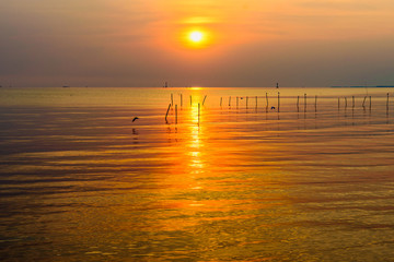 Beautiful nature landscape bright yellow sun reflecting orange light on the water surface of the sea and golden sunlight in sky, Colorful sunset at the tropical coast in Bangpu, Samut Prakan, Thailand