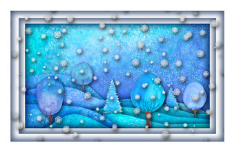 Happy new year and Merry christmas design. Watercolour hand drawn hills, trees, snowflakes