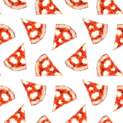 Watercolor hand painted Italian cuisine tasty pizza slices illustration seamless pattern - wallpaper, wrapping paper, fabrics design
