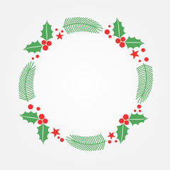 Christmas holly and fir wreath greeting card background.