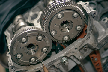 Disassembled V6 engine. Side view. 