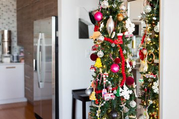 Tall and skinny christmas tree with kitchen in background