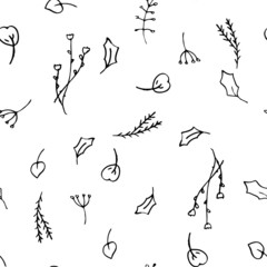 Obraz premium Cute hand drawn seamless pattern of graphic leaves and herbal elements. Doodle vector illustration for boho style wedding design, logo, posters and greeting cards.
