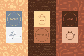 Coffee line icon with abstract seamless pattern, vector creative background. Coffee shop emblem, cafe menu, packaging design, organic coffee logo, take away coffee, 100% arabica badge.