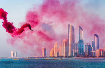 Air show over Abu Dhabi skyline for the UAE national day celebration