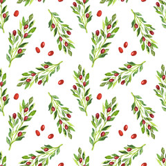 Watercolor hand painted botanical leaves, berries and branches illustration seamless pattern, wallpaper, wrapping paper