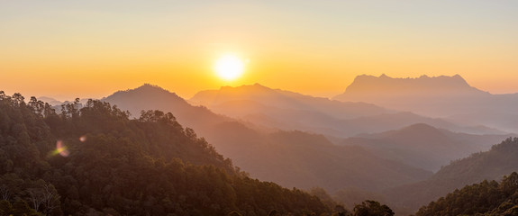 Panoramic mountain layers line at morning colorful sky background, landscape