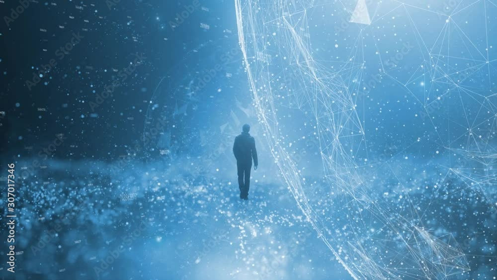 Sticker futuristic walking in bright abstract cyber space. businessman in digital world with numbers and glo