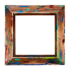 Wooden picture frame - isolated on white background - as a painted and rustic, sanded art frame, with faded paint - creative & original abstract design.