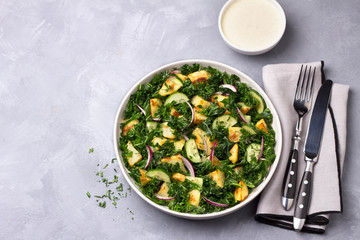 Kale cabbage salad with baked potatoes, cucumber, red onions and mustard yogurt sauce on gray...