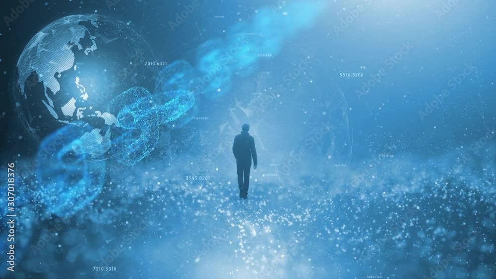 Wall mural man person walks on top of the digital computer network with cyberspace earth planet animation backg