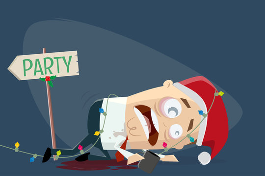 cartoon illustration of a drunken man leaving the christmas party