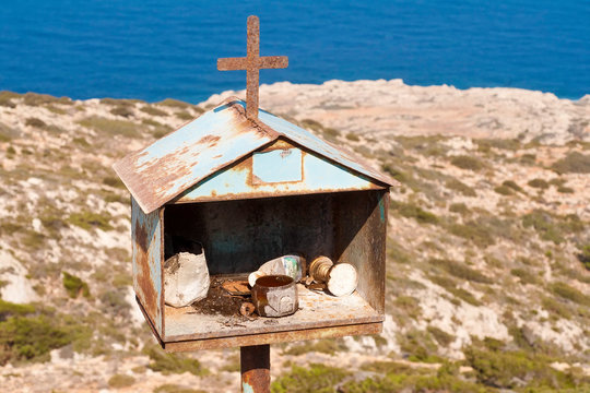 Greece, Karpathos Dodecanese islands Lefkos village. A iconostase before Lefkos 