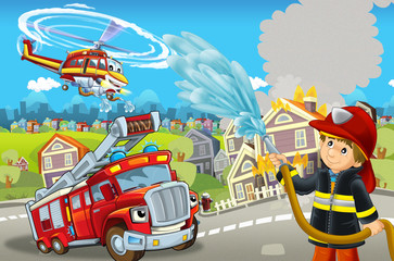 cartoon stage with different machines for firefighting colorful and cheerful scene with fireman - illustration for children