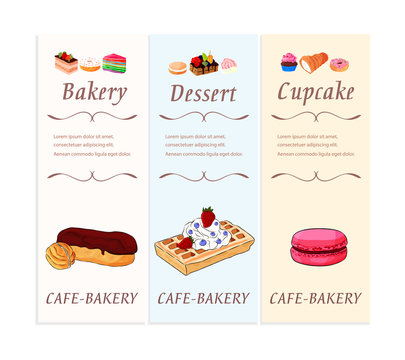 Bakery and pastry shop desserts banner set with text. Fresh sweet foods cupcakes, donuts and other baking products Cafe menu flyer design. Flat style. Vector illustration