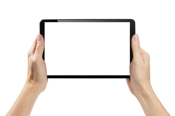 Fototapeta Hands holding black tablet, isolated on white background obraz