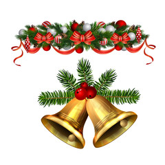 Christmas decorations with fir tree golden jingle bells