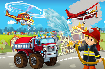 cartoon stage with different machines for firefighting colorful and cheerful scene with fireman - illustration for children