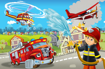 cartoon stage with different machines for firefighting colorful and cheerful scene with fireman - illustration for children