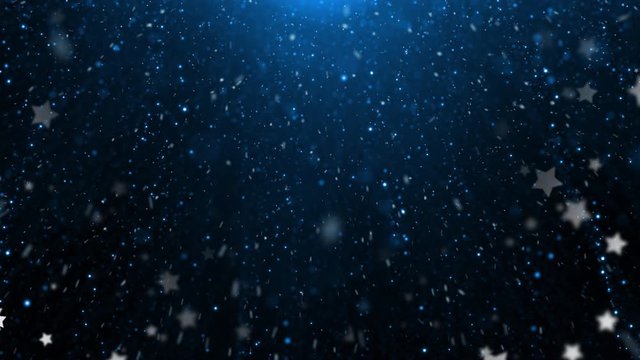 Blue christmas night sky with stars and realistic falling snowflakes. Copy space animation background.