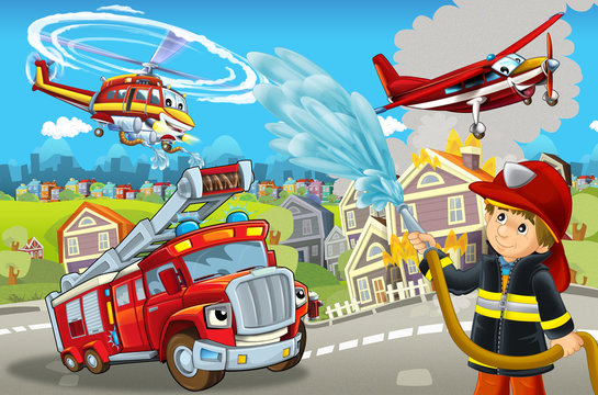 cartoon stage with different machines for firefighting colorful and cheerful scene with fireman - illustration for children © honeyflavour