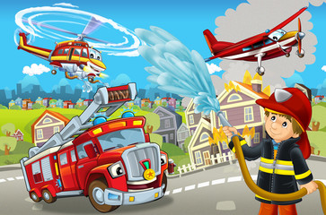 cartoon stage with different machines for firefighting colorful and cheerful scene with fireman - illustration for children