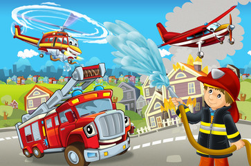 cartoon stage with different machines for firefighting colorful and cheerful scene with fireman - illustration for children