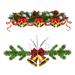 Christmas decorations with fir tree golden jingle bells